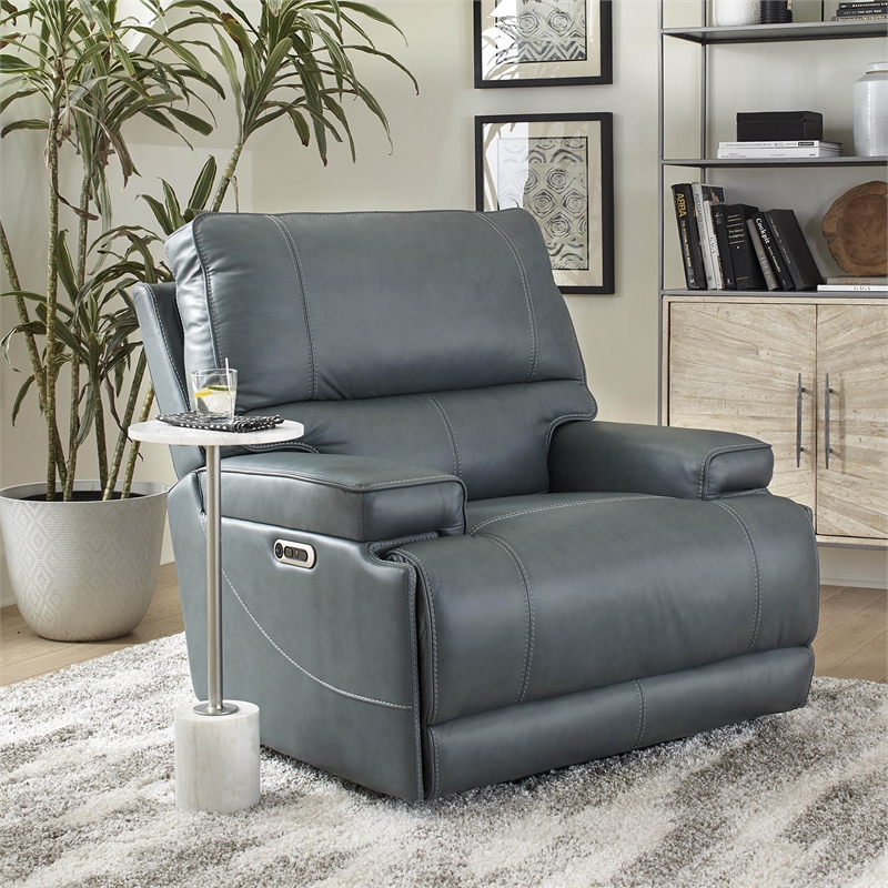Pemberly Row Contemporary Leather Power Cordless Recliner in Azure Blue