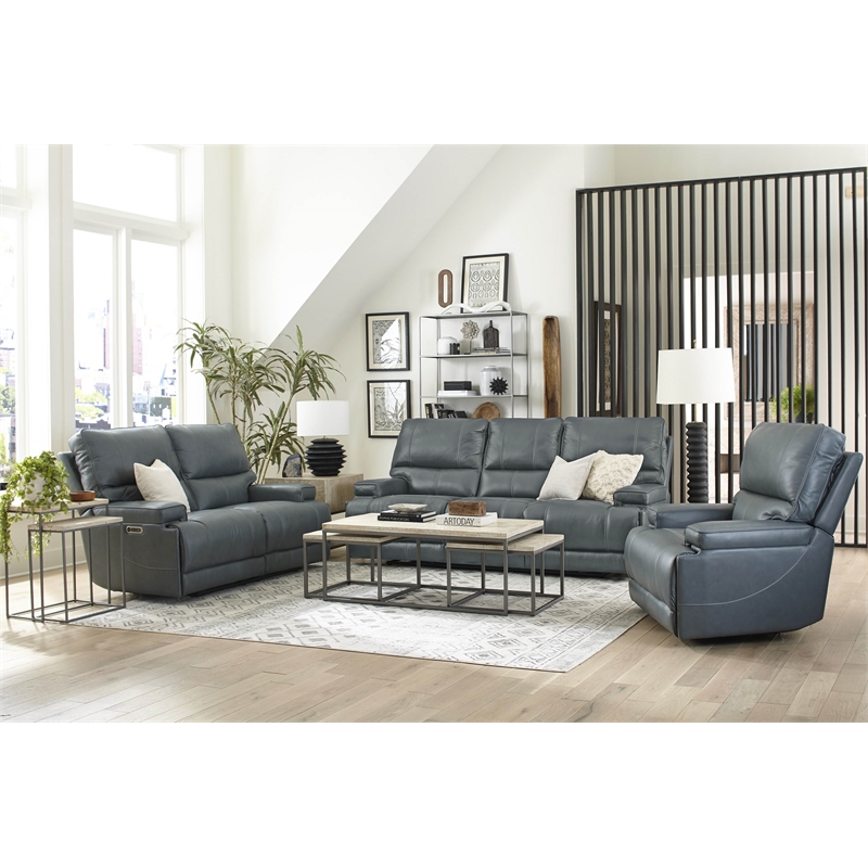 Pemberly Row Contemporary Leather Power Cordless Recliner in Azure Blue