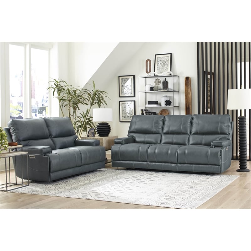 Pemberly Row Contemporary Leather Power Cordless Loveseat in Azure Blue