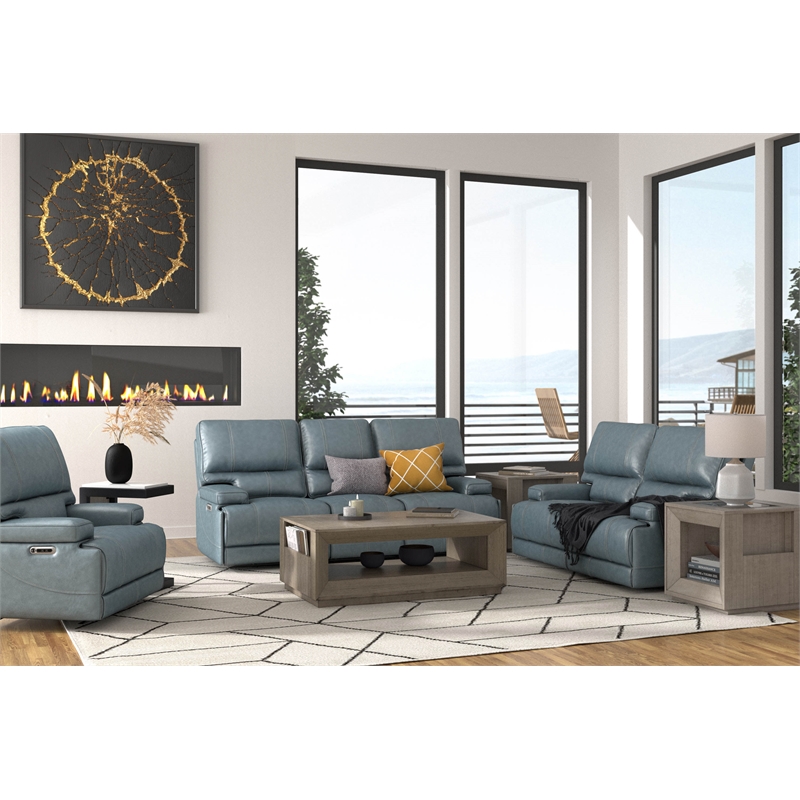 Pemberly Row Contemporary Leather Power Cordless Loveseat in Azure Blue