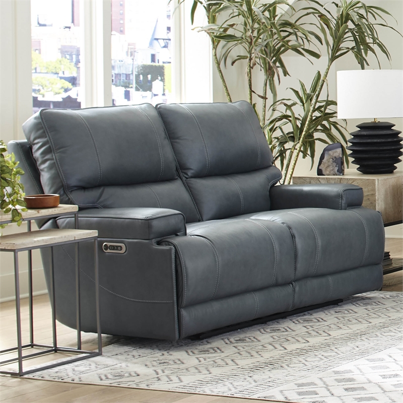 Pemberly Row Contemporary Leather Power Cordless Loveseat in Azure Blue