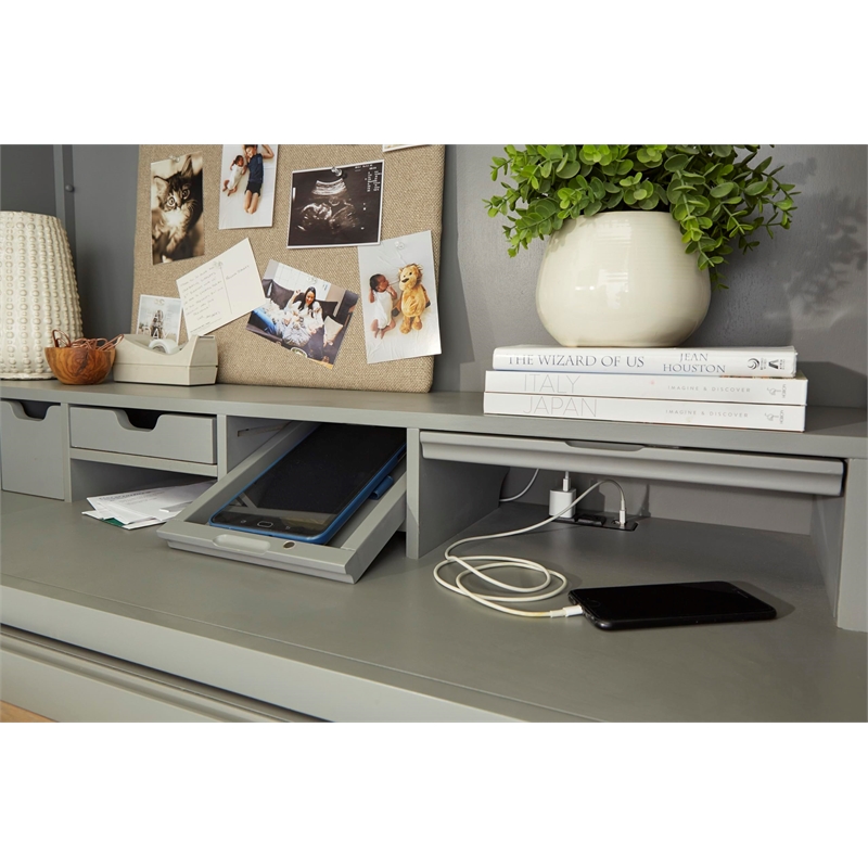 Pemberly Row Contemporary Wood Workstation with LED Light in Gray