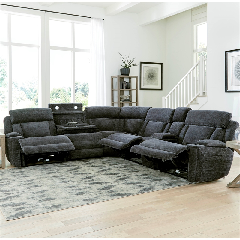 Pemberly Row Contemporary Fabric Reclining Sectional in Charcoal
