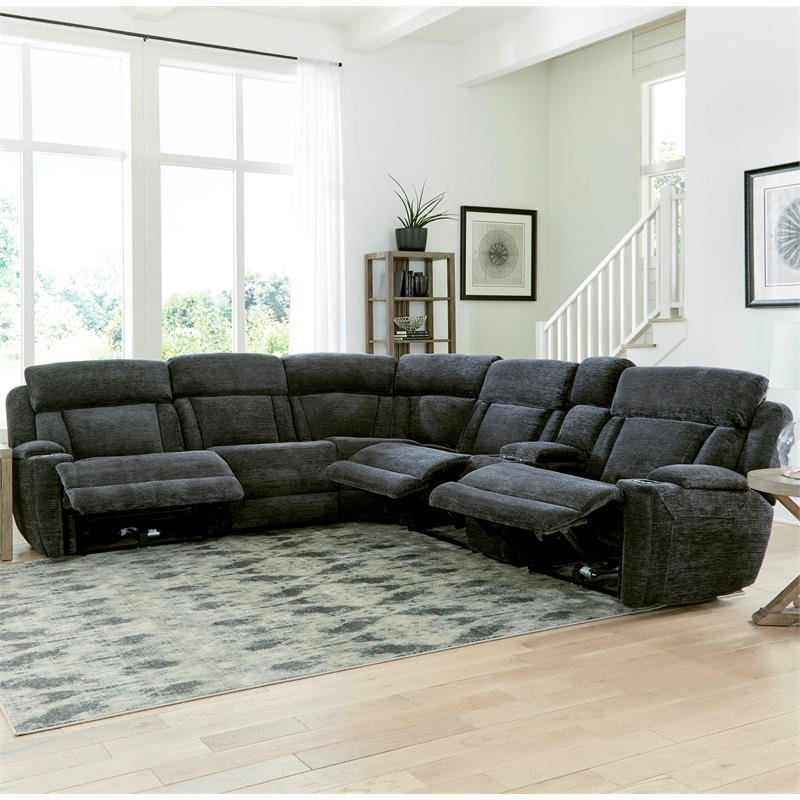 Pemberly Row Contemporary Fabric Reclining Sectional in Charcoal