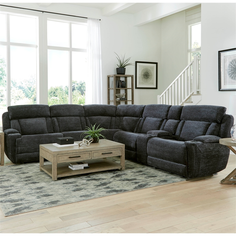 Pemberly Row Contemporary Fabric Reclining Sectional in Charcoal