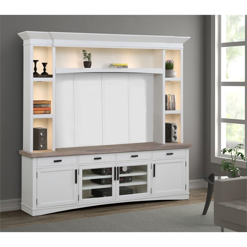 Pemberly Row Contemporary Wood TV Console with Hutch Back Panel in Gray