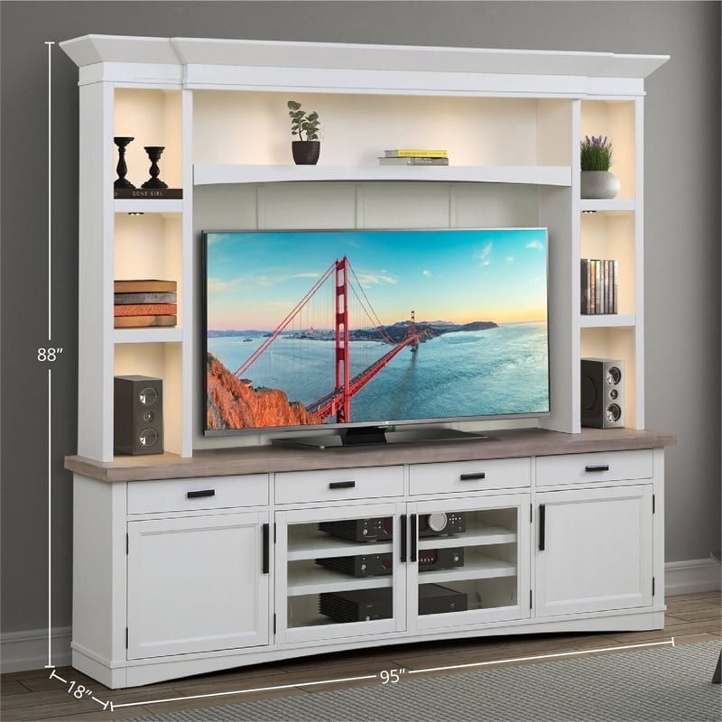 Pemberly Row Contemporary Wood TV Console with Hutch Back Panel in Gray