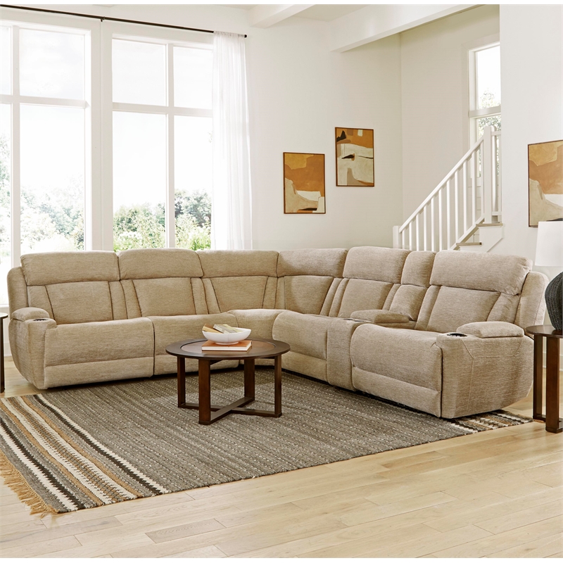 Pemberly Row Contemporary Fabric Reclining Sectional in Beige