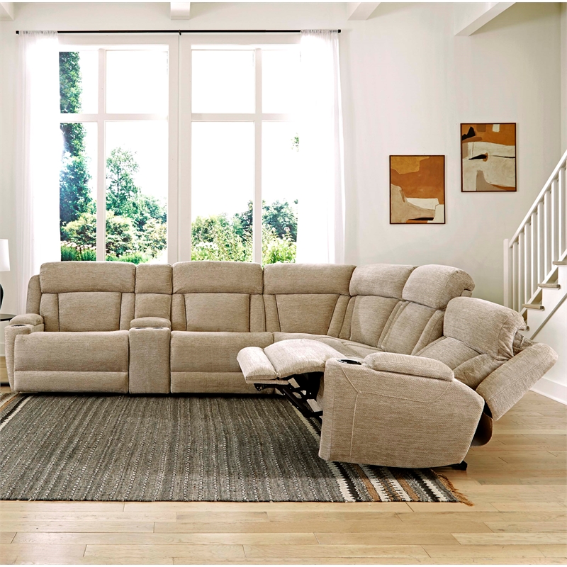 Pemberly Row Contemporary Fabric Reclining Sectional in Beige