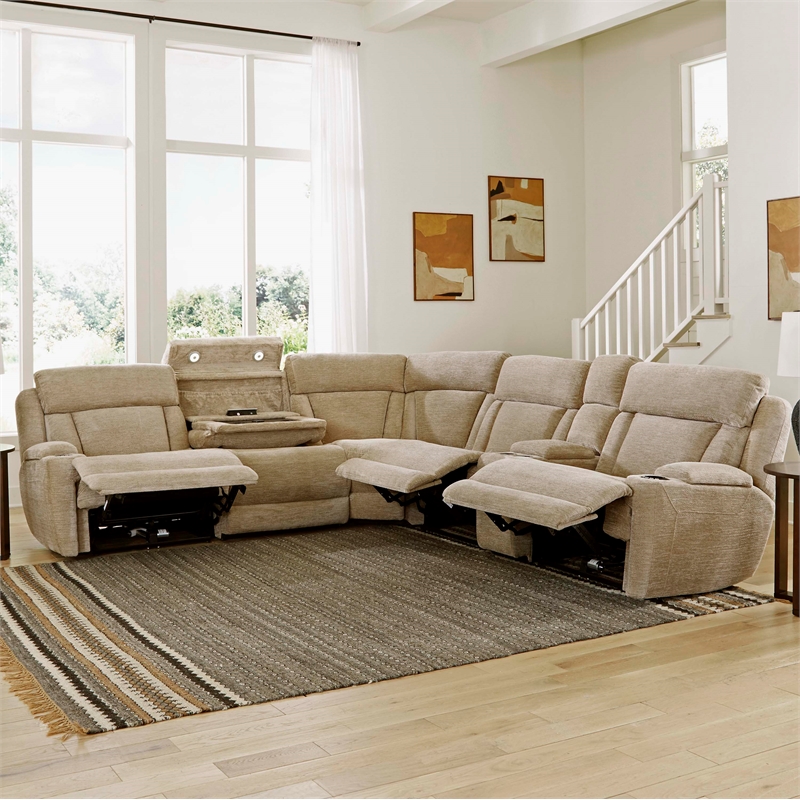 Pemberly Row Contemporary Fabric Reclining Sectional in Beige