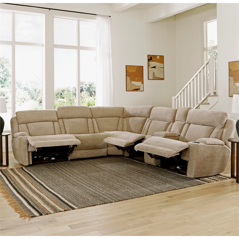 Pemberly Row Contemporary Fabric Reclining Sectional in Beige