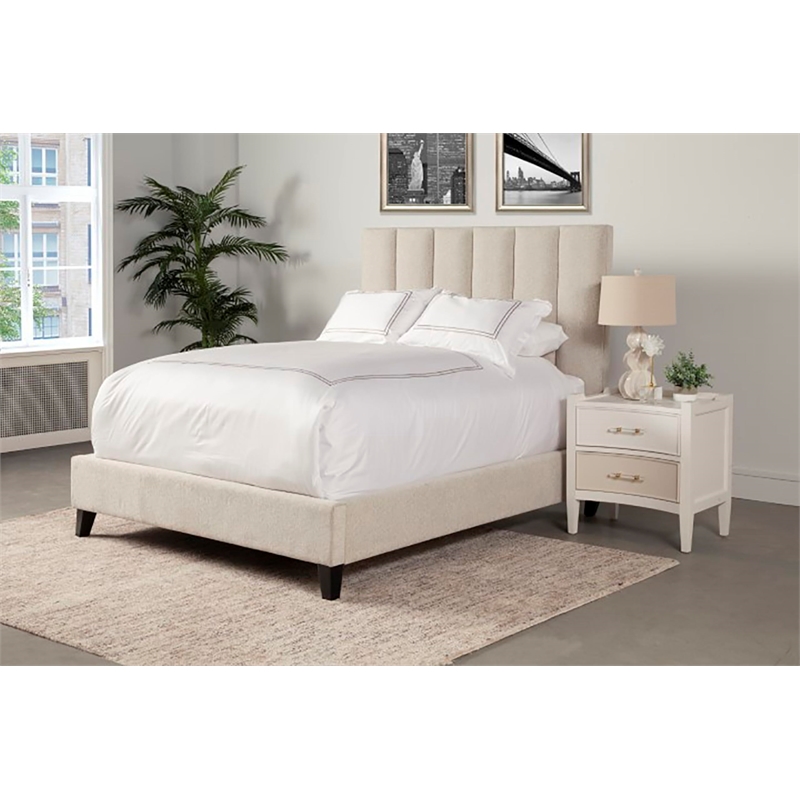 Pemberly Row Traditional Chenille Queen Bed in Dune Beige Finish