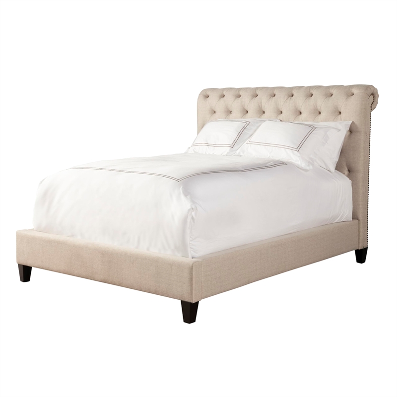 Pemberly Row Traditional Fabric Queen Bed in Downy Tan Finish