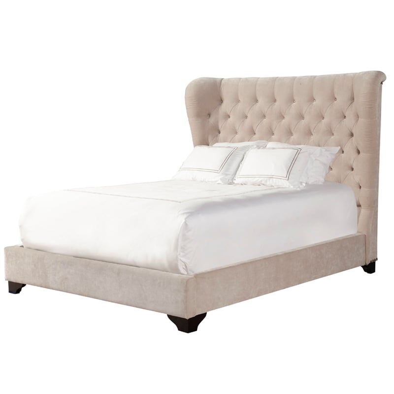 Pemberly Row Traditional Velvet Queen Bed in Meringue Tan Finish