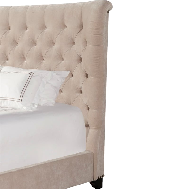 Pemberly Row Traditional Velvet Queen Bed in Meringue Tan Finish