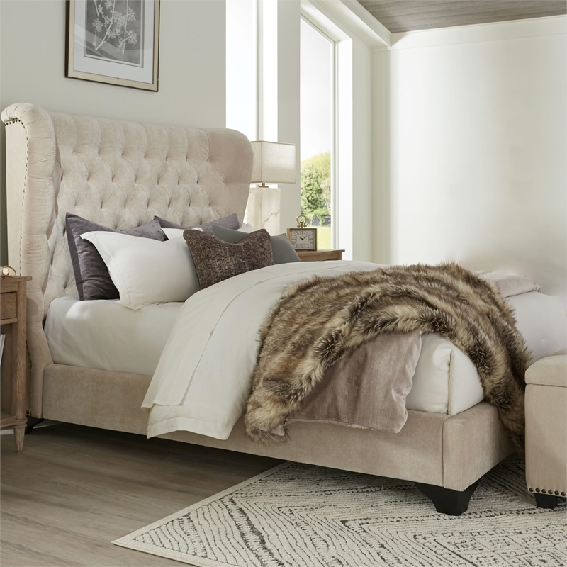 Pemberly Row Traditional Velvet King Bed in Meringue Tan Finish