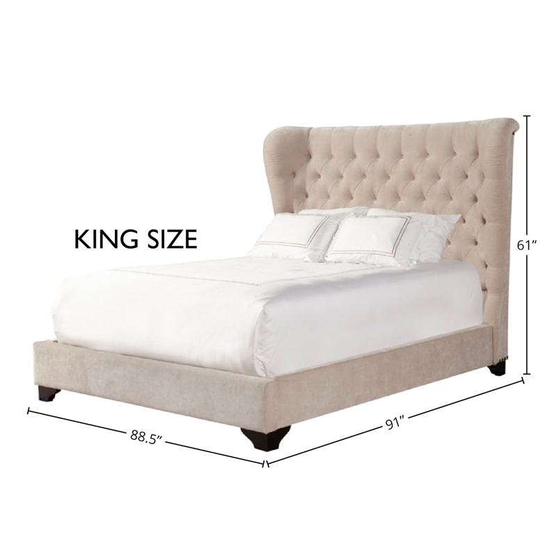 Pemberly Row Traditional Velvet King Bed in Meringue Tan Finish