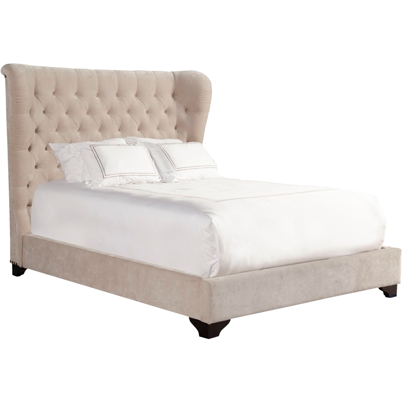 Pemberly Row Traditional Velvet King Bed in Meringue Tan Finish