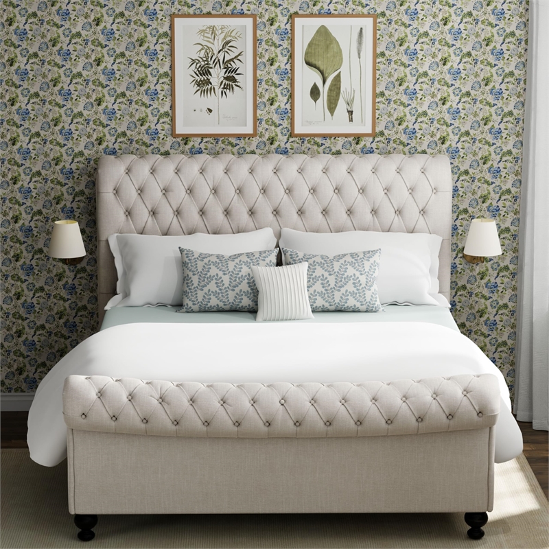 Pemberly Row Traditional Fabric Queen Bed in Crepe Beige Finish