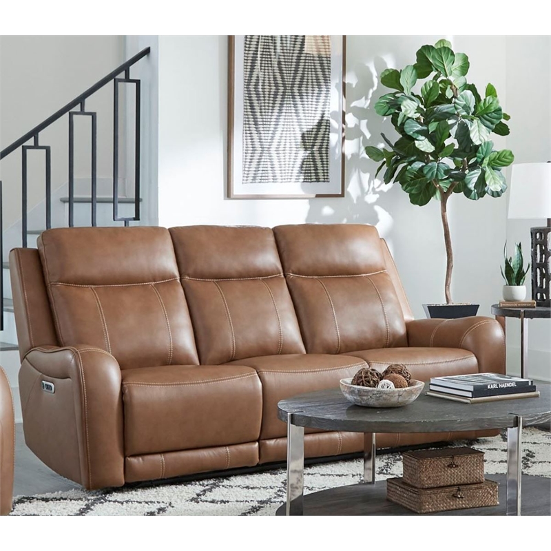 Pemberly Row Contemporary Leather Butternut Power Reclining Sofa P2