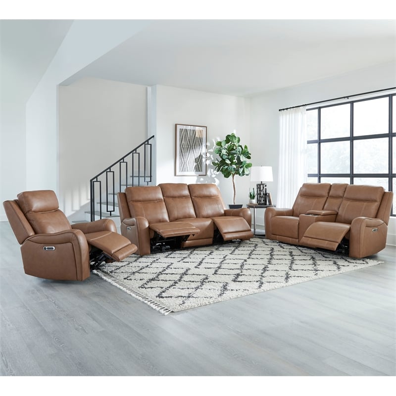 Pemberly Row Contemporary Leather Butternut Power Reclining Sofa P2