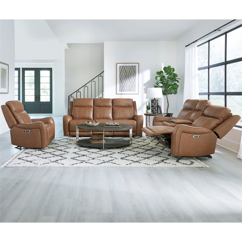 Pemberly Row Contemporary Leather Butternut Power Reclining Sofa P2