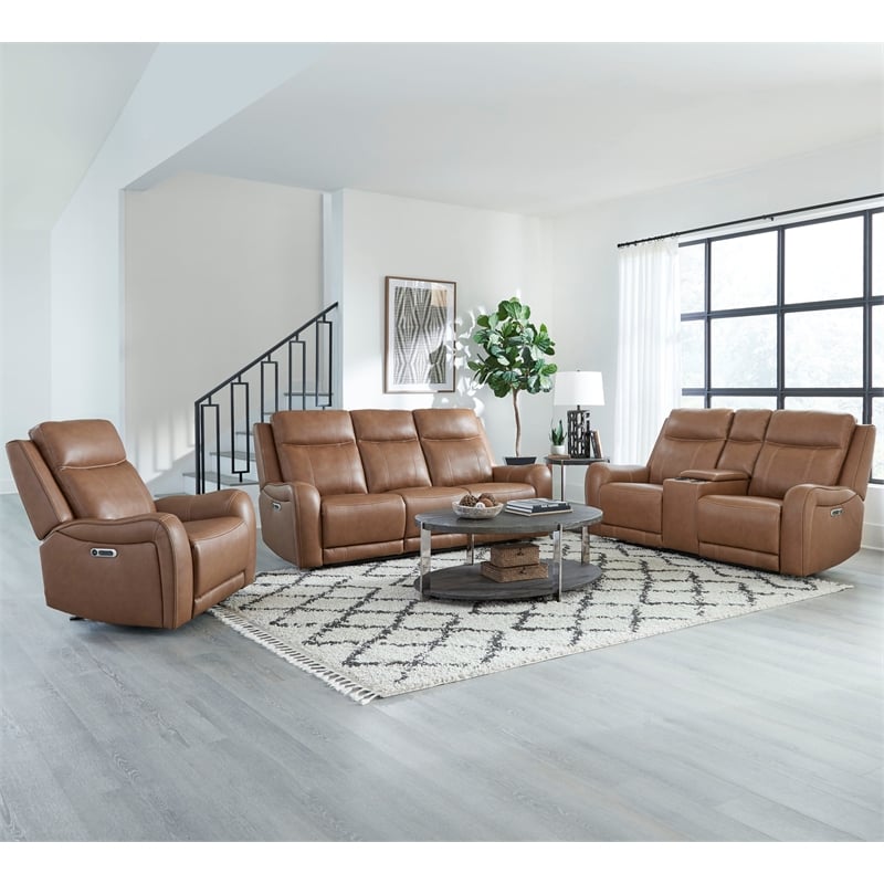 Pemberly Row Contemporary Leather Butternut Power Reclining Sofa P2