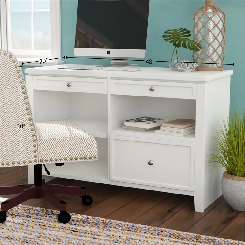 Pemberly Row Contemporary Engineered Wood White L-Shape Desk with Credenza