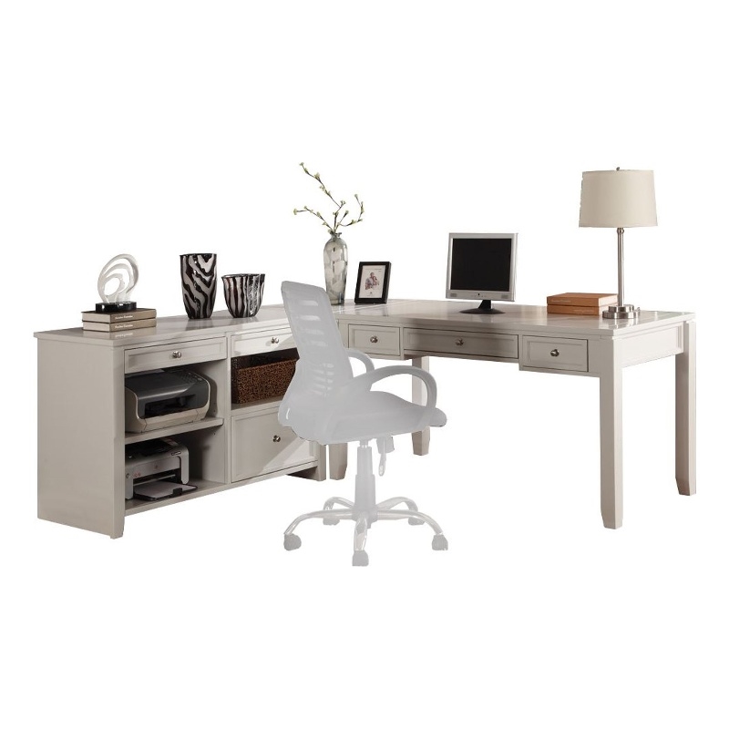 Pemberly Row Contemporary Engineered Wood White L-Shape Desk with Credenza