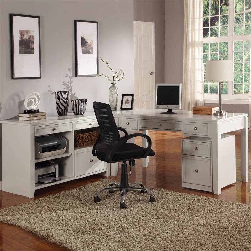 Pemberly Row Contemporary L-Shape Desk with Credenza and Lateral File