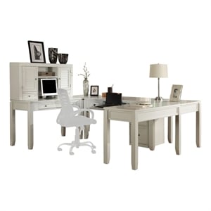 Pemberly Row Contemporary Engineered Wood White U-Shape Desk with Hutch and File