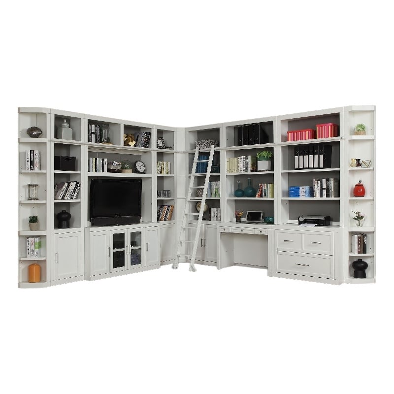 Pemberly Row Contemporary Engineered Wood White 13 Piece Corner Library Wall