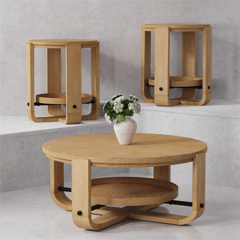 Pemberly Row Contemporary Engineered Wood Brown 3 Piece Occasional Table Set