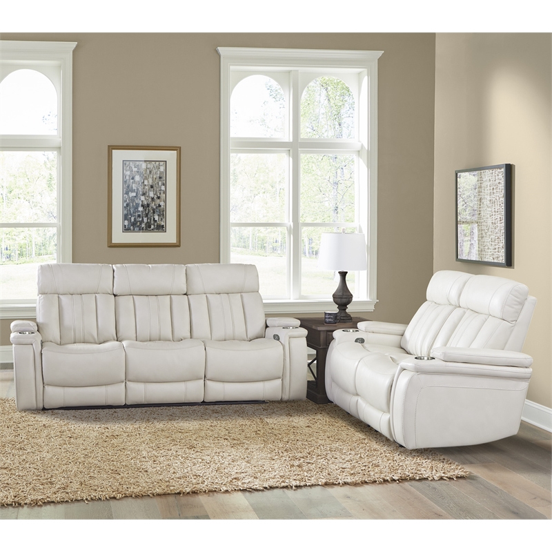Pemberly Row Contemporary Fantom Ivory Power Reclining Sofa and Loveseat