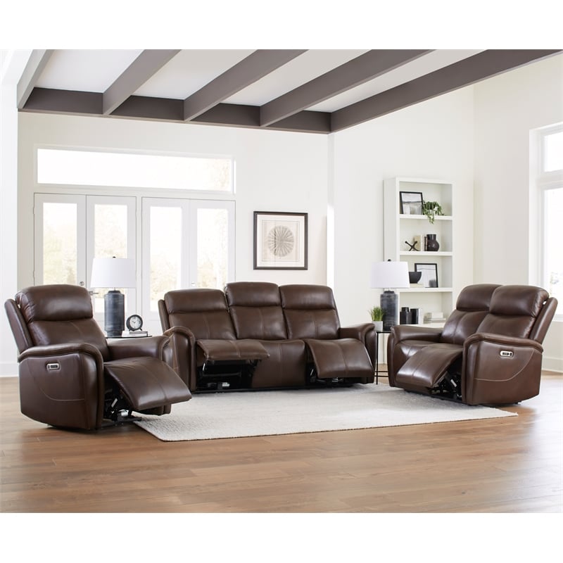 Pemberly Row Contemporary Leather Auburn Power Recliner in Brown