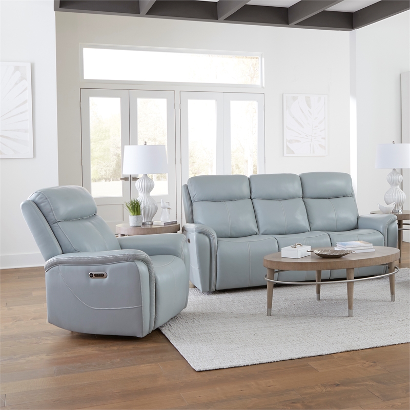 Pemberly Row Contemporary Seamist Grey Power Reclining Sofa and Recliner