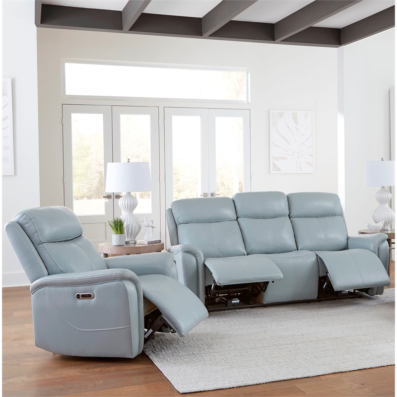 Pemberly Row Contemporary Seamist Grey Power Reclining Sofa and Recliner