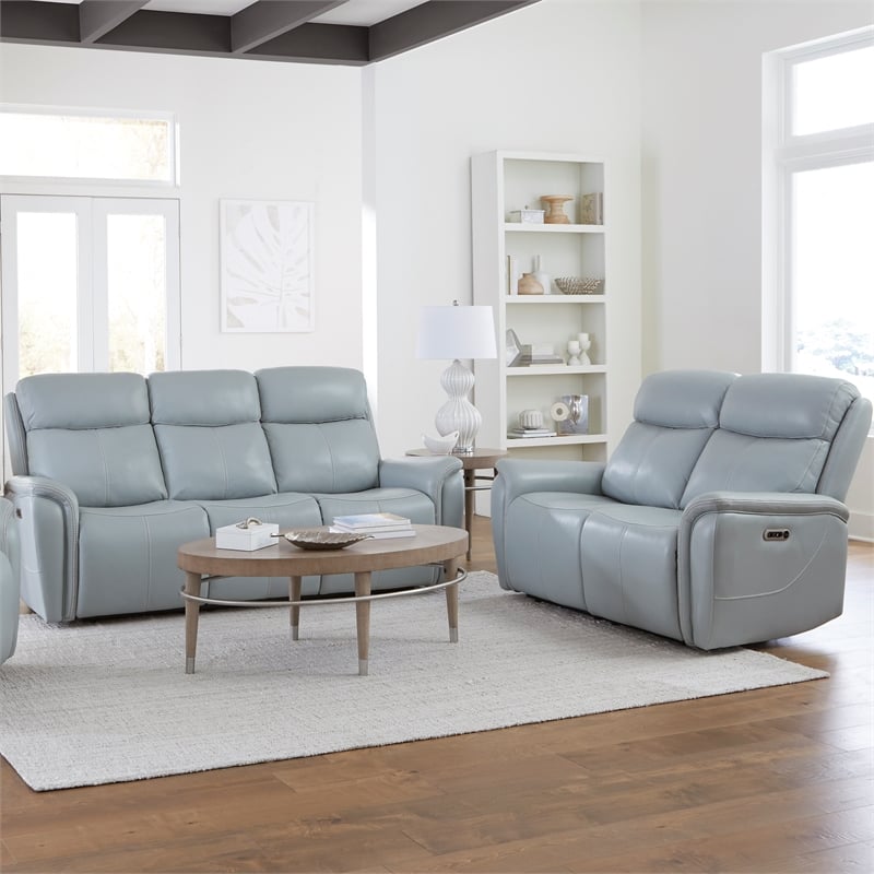 Pemberly Row Contemporary Seamist Grey Power Reclining Sofa and Loveseat