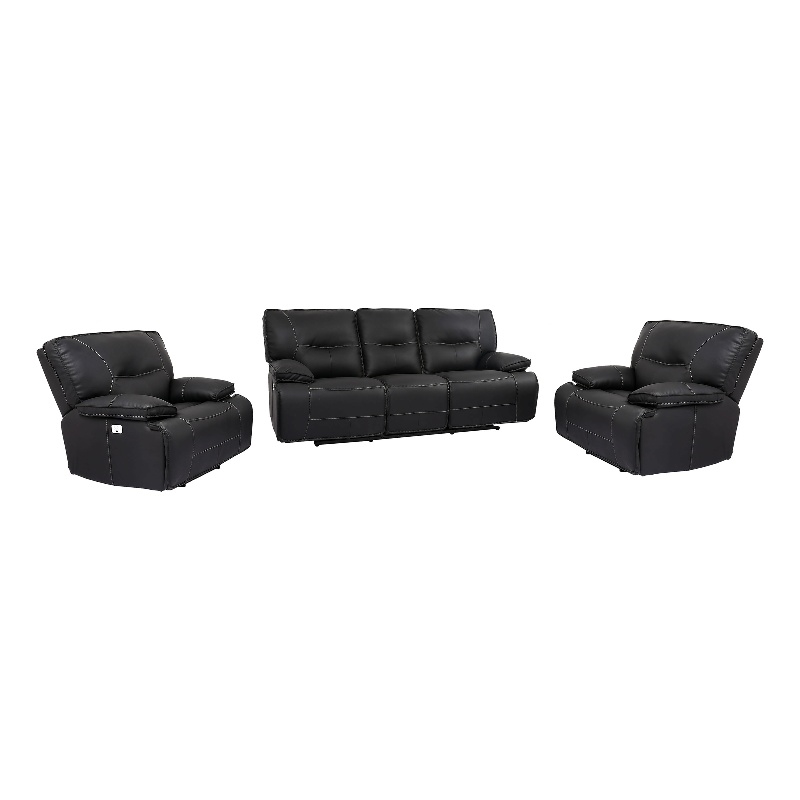 Pemberly Row Contemporary Black Power Reclining Sofa and Two Recliners