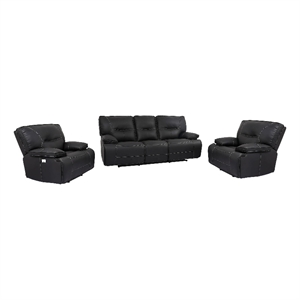 Pemberly Row Contemporary Black Power Reclining Sofa and Two Recliners