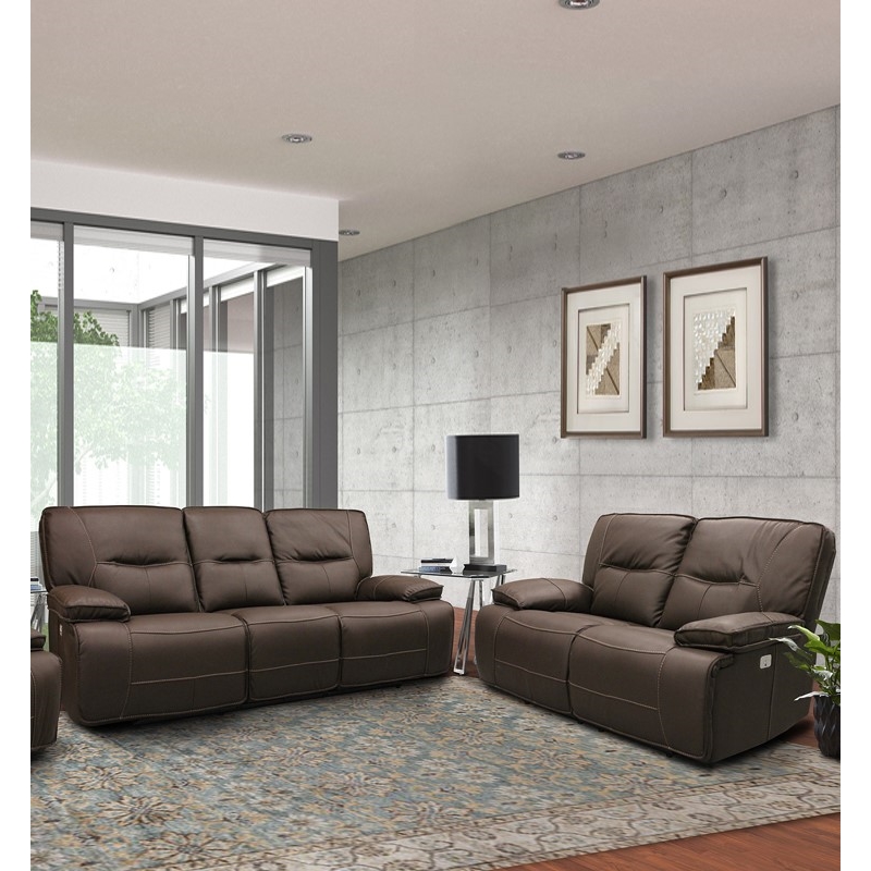 Pemberly Row Contemporary Chocolate Power Reclining Sofa and Loveseat