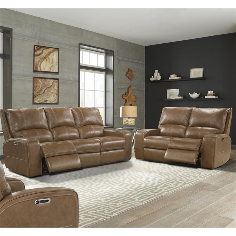Pemberly Row Contemporary Bourbon Power Reclining Sofa and Loveseat