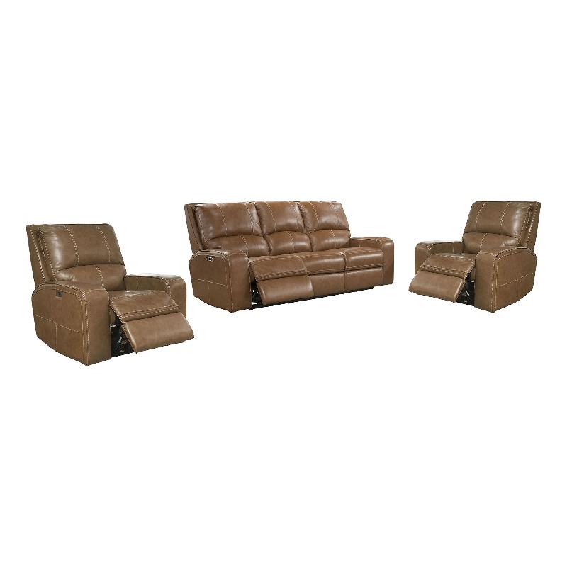 Pemberly Row Contemporary Bourbon Power Reclining Sofa and Two Recliners