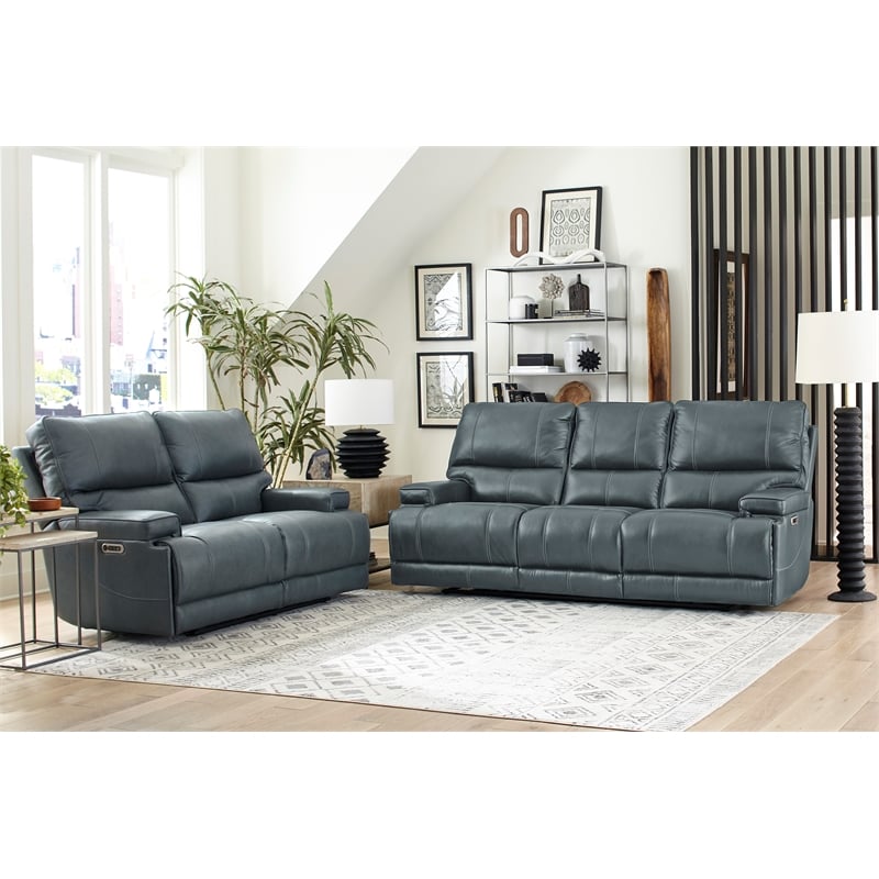 Pemberly Row Contemporary Azure Power Reclining Sofa and Loveseat