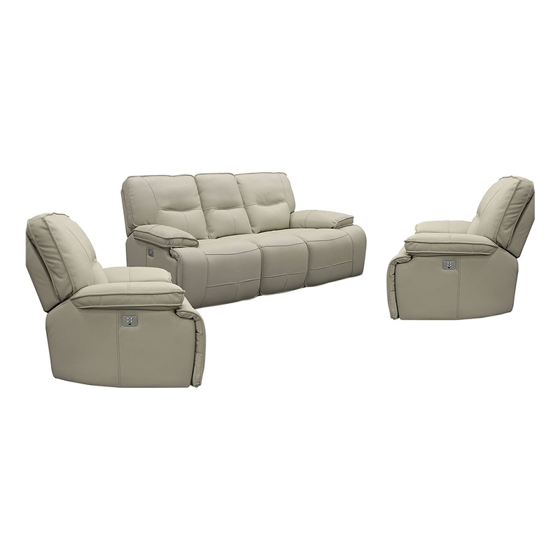 Pemberly Row Contemporary Oyster Power Reclining Sofa and Two Recliners