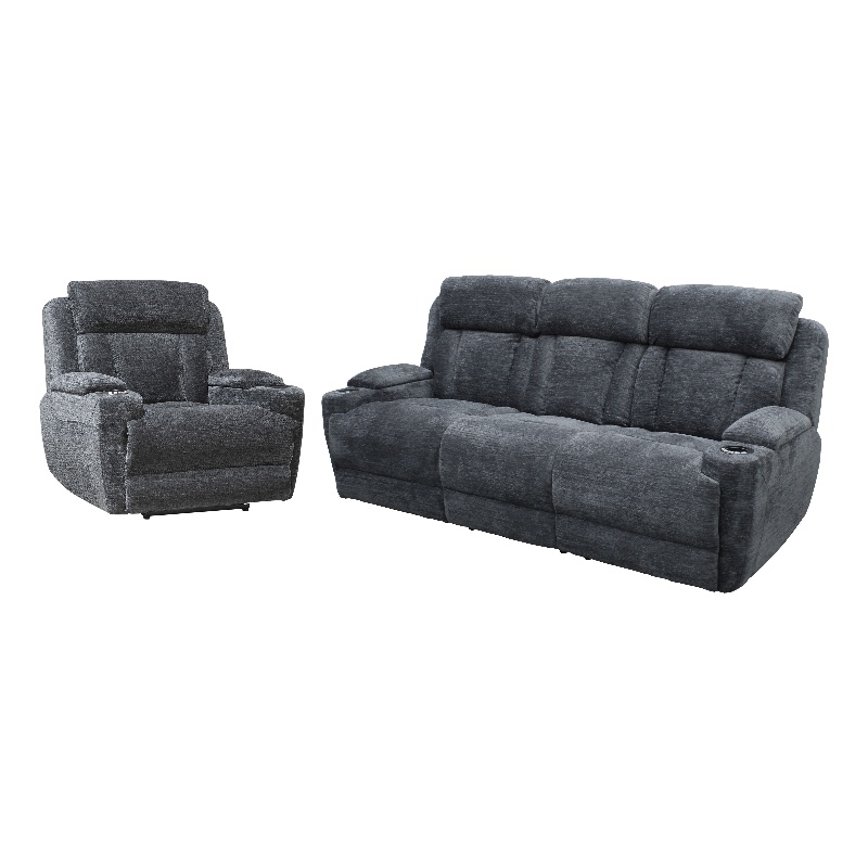 Pemberly Row Contemporary Charcoal Power Reclining Sofa and Recliner