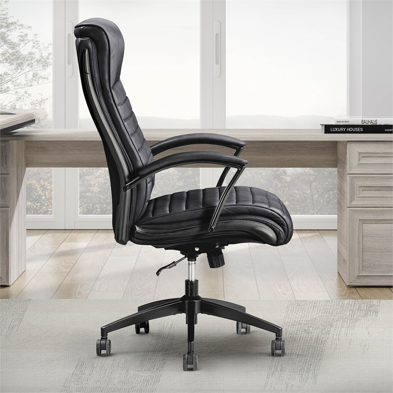 Pemberly Row Contemporary Top Grain Leather Desk Chair in Black
