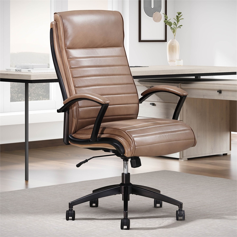 Pemberly Row Contemporary Top Grain Leather Desk Chair in Brown