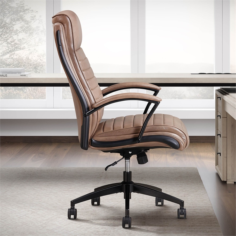 Pemberly Row Contemporary Top Grain Leather Desk Chair in Brown