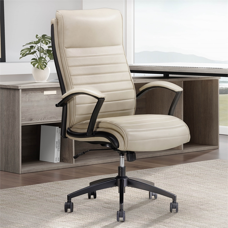 Pemberly Row Contemporary Top Grain Leather Desk Chair in Cream
